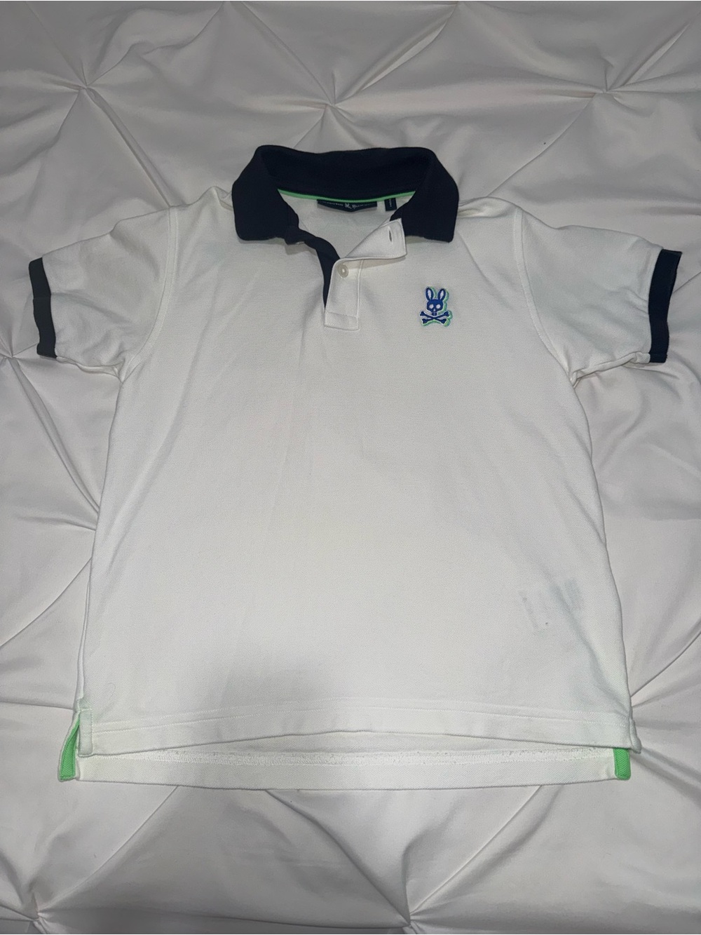 Psycho Bunny White Polo with Navy Collar and Green Accents